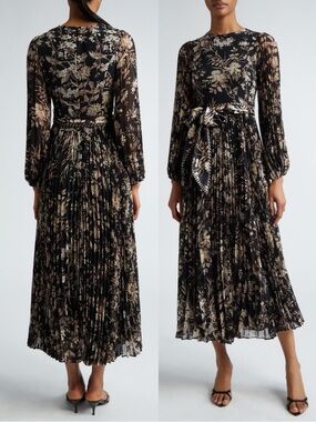 Zimmermann Sunray Long Sleeve Pleated Midi Dress Black Mockingbird US 4 AU 0 NEW